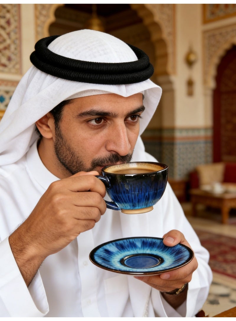 توهج شجاع طقم فناجين قهوة من 4 قطع | فنجان شاي فاخر مع صحن، 150 مل/5 أونصة، فناجين قهوة إسبريسو للشاي والكابتشينو واللاتيه والشوكولاتة الساخنة | فنجان قهوة سيراميكي مصنوع يدويًا في الفرن | هدية فريدة لعشاق القهوة - Image 5